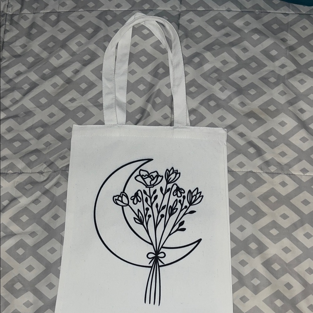 White Tote Bag with Black Floral Moon Design